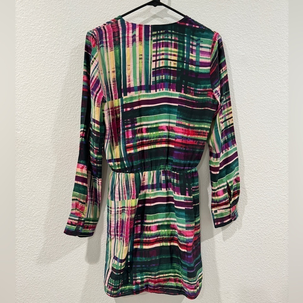Parker 100% Silk Faux Wrap Surplice Neckline Long Sleeve Mini Colorful Dress S - Picture 8 of 14